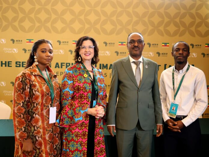 From left: Eugenia Kargbo, Chief Heat Officer of Freetown and CRA Senior Strategist for Africa; Kathy Baughman McLeod, Chief Executive Officer, Climate Resilience for All (CRA); H.E Seyoum Mekonnen Hailu, Ethiopia State Minister of Planning and Development for Environment, Climate Change and Demography; and Joshua Amponsem, CRA Co-Chair and Co-Director of the Youth Climate Justice Fund, and Founder of the Green Africa Youth Organization, during the briefing to announce the four African cities awarded CRA's African Urban Heat Resilience Grants and the Africa Urban Heat Summit at the 2nd Africa Climate Summit in Addis Ababa, Ethiopia.